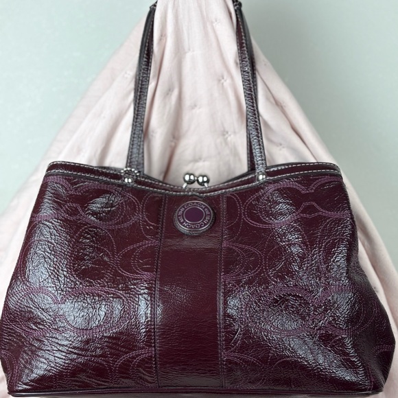 Coach Handbags - COACH Madison Oxblood Patent Leather Signature C Frame Satchel Shoulder Bag